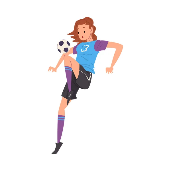 Chica jugando al fútbol, personaje joven jugador de fútbol en uniforme deportivo pateando la pelota Vector ilustración — Archivo Imágenes Vectoriales