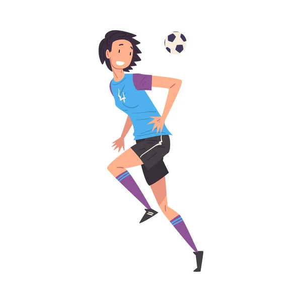 Mosolygó lány focizik, fiatal nő labdarúgó karakter a sport egyenruha rugdossa a labda vektor illusztráció — Stock Vector