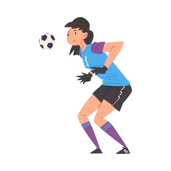 Girl Playing Soccer, Young Woman Goalkeeper Character in Sports Uniform with Ball Vector Illustration — Stock Vector