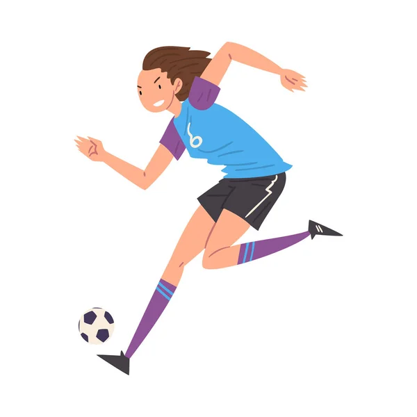 Chica jugando fútbol, personaje joven jugador de fútbol en uniforme deportivo dribleando la bola Vector Ilustración — Vector de stock