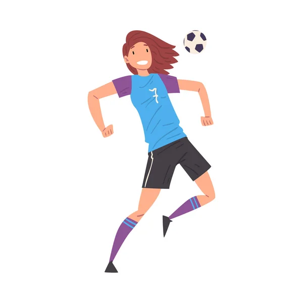 Ragazza che gioca a calcio, sorridente sportivo giovane donna calciatore personaggio in uniforme sportiva calci la palla vettoriale illustrazione — Vettoriale Stock