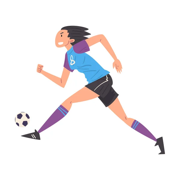 Chica jugando fútbol, personaje joven jugador de fútbol en uniforme deportivo corriendo y pateando la pelota Vector Ilustración — Vector de stock