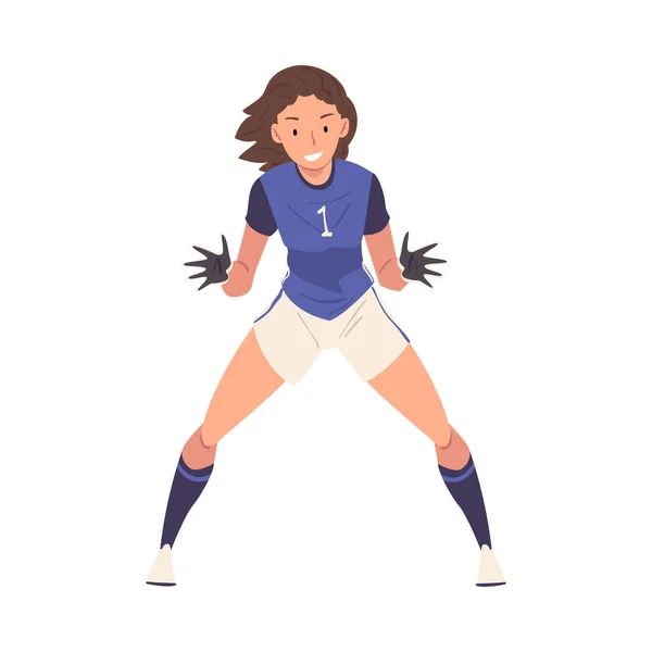 Chica Jugadora de Fútbol, Mujer joven en uniforme deportivo, Portero femenino personaje Vector ilustración — Vector de stock
