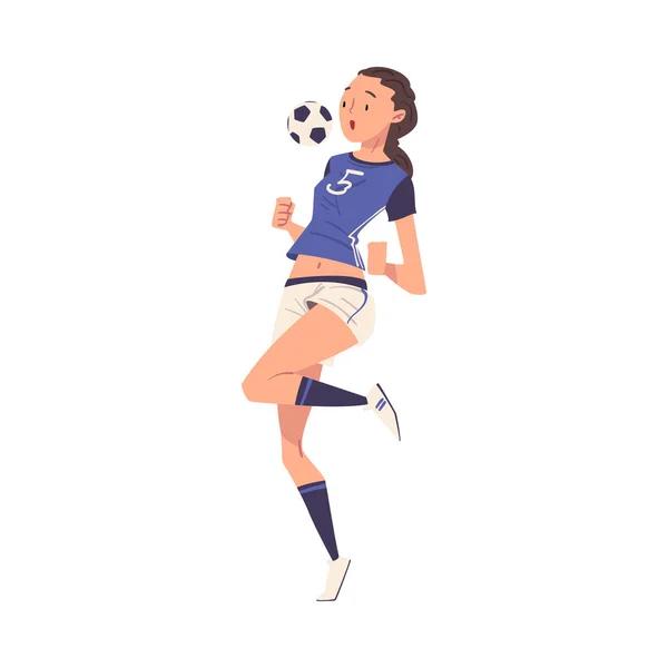 Giocatore di calcio della ragazza personaggio, giovane donna in uniforme sportiva giocare a calcio vettoriale illustrazione — Vettoriale Stock