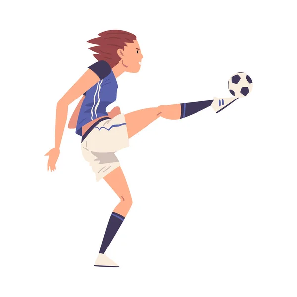 女の子サッカー選手文字,スポーツ制服の若い女性サッカーをプレイ,女性アスリートキックボール,サイドビューベクトルイラスト — ストックベクタ
