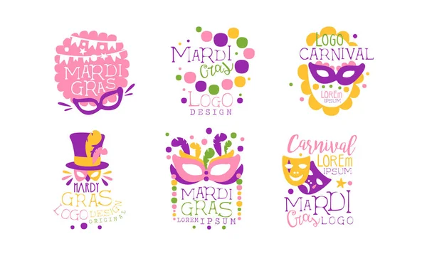 Mardi Gras Logo Design Collection, Färgglada Karneval Festliga Etiketter Vektor Illustration — Stock vektor