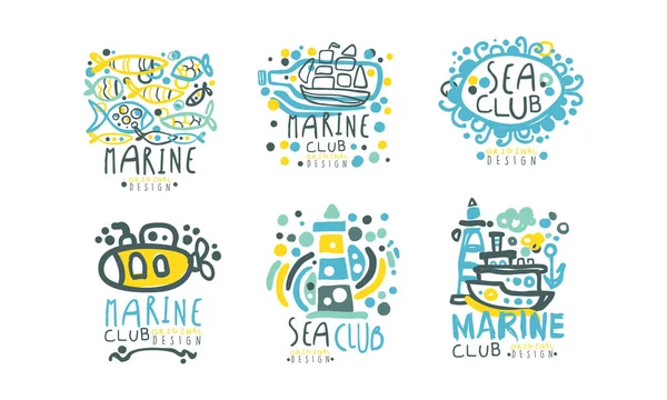 Sea Club Logo Σχεδιασμός Πρότυπα Συλλογή, Ναυτική και Ναυτική χέρι Σχεδιασμένο ετικέτες Διάνυσμα Εικονογράφηση — Διανυσματικό Αρχείο