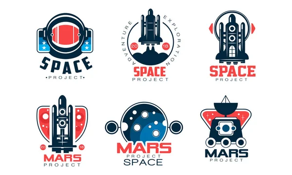 Mars Project Logo Coleção, Espaço, Exploração, Etiquetas de Colonização do Planeta Vermelho Ilustração do Vetor — Vetor de Stock