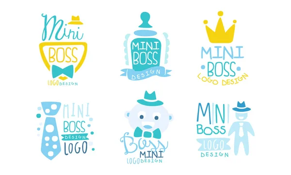 Mini boss logo design templates collection, niedlich kindisch hand gezeichnet etiketten vektorillustration — Stockvektor