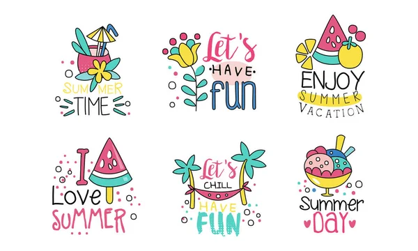 Letní čas Logo Design šablony kolekce, Umožňuje bavit, Užijte si letní dovolenou roztomilé barevné štítky vektorové ilustrace — Stockový vektor