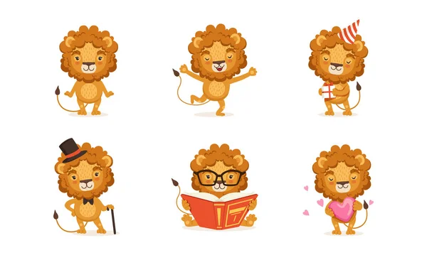 可爱的狮子在不同的情况下设置, 可爱的非洲动物卡通字符矢量插图 — 图库矢量图片