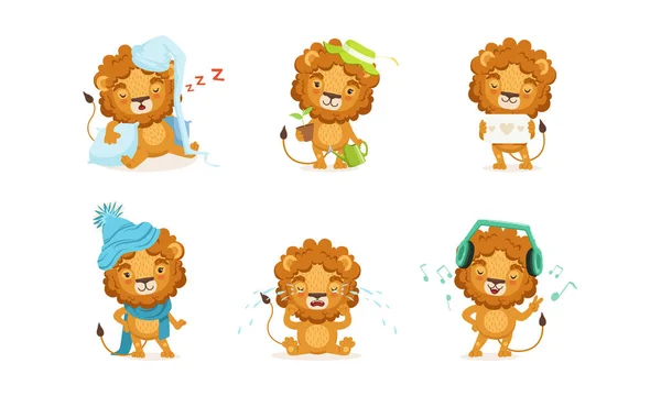 不同情境下的可爱狮子，有趣的非洲动物卡通角色矢量图解 — 图库矢量图片