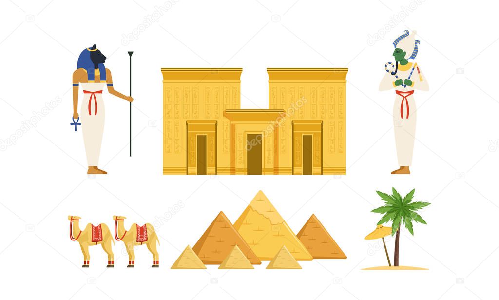 Traditional Cultural and Historical Symbols of Egypt Collection, Ancient Egyptian Deities, Pyramids, Camel, , Palm Tree Vector Illustration