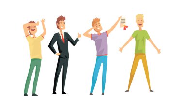 Neşeli Başarılı Erkek Karakterleri Seti, Gülümseyen İş Adamı ve Günlük Kıyafet Vektörü İllüzyonu Adamları