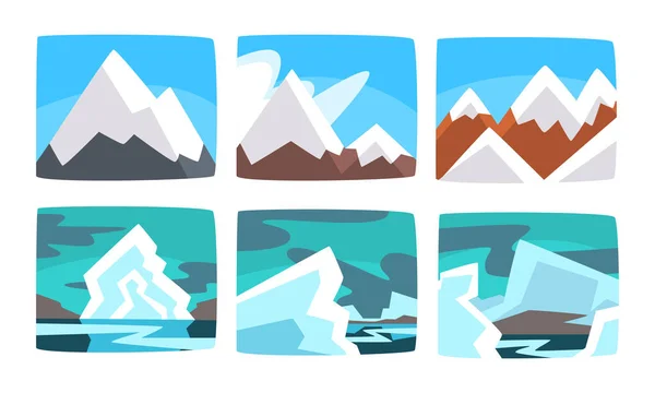 サニーと曇りの天気ベクトルイラストで美しい雪の山の風景セット、丘や氷山 — ストックベクタ
