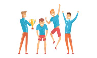 Spor Giyim Seti 'nde Profesyonel Atletizm Adamları, Sporcu Karakterleri Zafer Vektörü İllüzyonunu Kutluyor