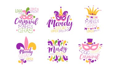 Mardi Gras Logo Tasarım Şablonları Koleksiyon, Renkli Karnaval Etiketleri Vektör Resimleri