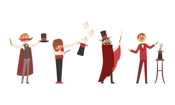 Collection of Magicians Characters Performing Tricks at Magic Show Vector Illustration — Stock Vector