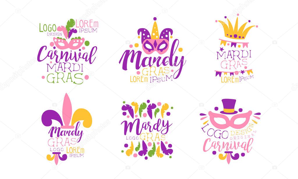 Mardi Gras Logo Design Templates Collection, Colorful Carnival Festive Labels Vector Illustration on White Background.