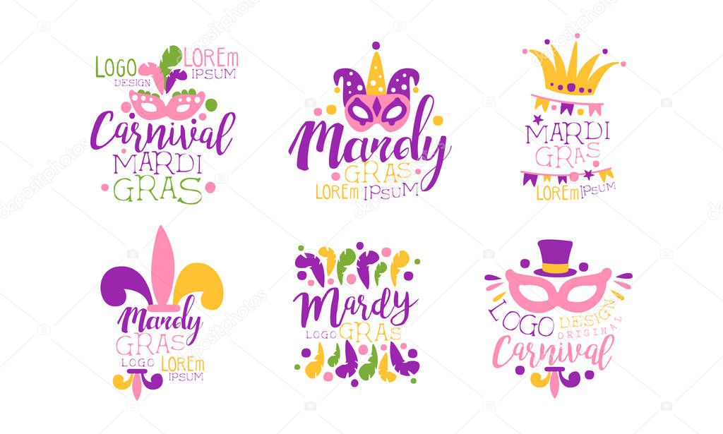 Mardi Gras Logo Design Templates Collection, Colorful Carnival Festive Labels Vector Illustration