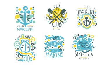 Sea Club Logo Tasarım Şablonları Koleksiyon, Denizci ve Denizci Renkli El Çizim Etiketleri Vektör Resimleri