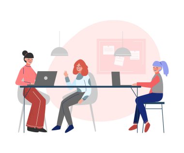 Office Emloyees Laptop Bilgisayarları, Business Characters Yaratıcı Ortak Çalışma Alanı, Modern Office Interior Vector Illustration