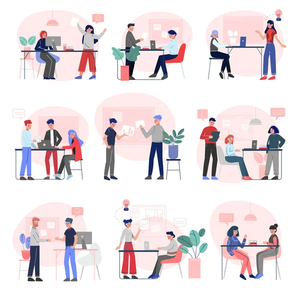 Emloyees de Oficina en el Juego de Trabajo, Colegas de Negocios Personajes Trabajando, Reunión e Intercambio de Pensamientos en el Espacio Abierto Creativo Oficina plana Vector Ilustración — Vector de stock