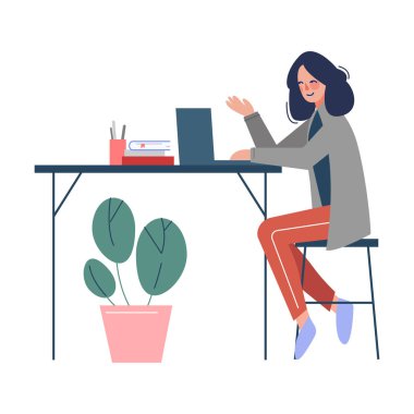 Masada oturan ve Modern Office Vector Illustration 'da dizüstü bilgisayar üzerinde çalışan genç bir kadın.