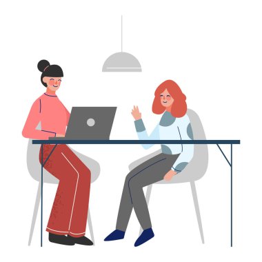 Ofis Meslektaşları Birlikte Çalışıyor, İş Karakterleri Toplantısı ve Uzay Vektörü İllüstrasyonunda Fikir alışverişi