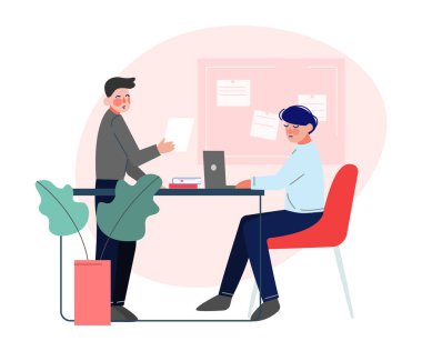 Ofis Meslektaşları Birlikte Çalışıyor, İş Karakterleri Tanışma ve İletişim Konforlu Ortak Çalışma Alanı Düz Vektör Çizimi