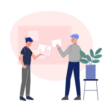 Çalışma ve Fikir Değiştirme İş Karakterleri Konforlu Ofis Yer Vektörü İllüstrasyonunda