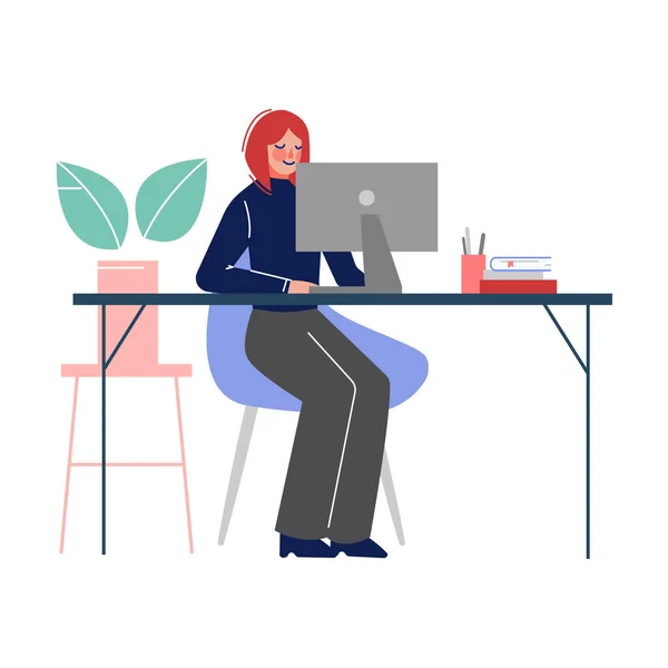 Žena sedí u stolu a pracuje na notebooku v Office Vector Illustration — Stockový vektor