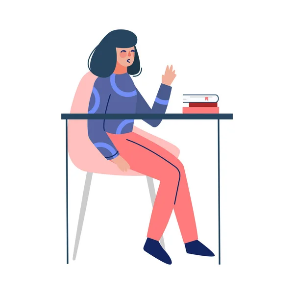 テーブルに座る若い女性と読書本、学生やオフィスのキャラクターベクトルイラスト — ストックベクタ