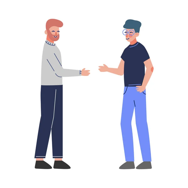 Reunión de negocios, caracteres masculinos apretón de manos y comunicación plana Vector Ilustración — Archivo Imágenes Vectoriales