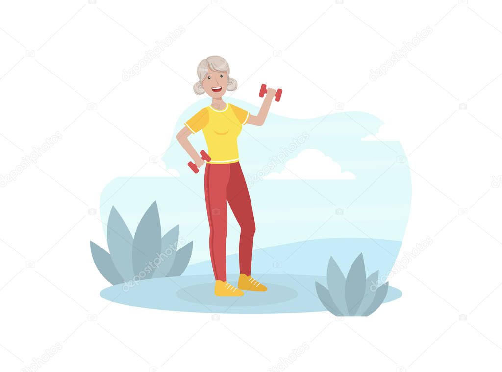 Sportive Senior Woman Wxercising with Dumbbells, Elderly People Active Healthy Lifestyle Vector Illustration