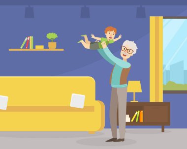 Büyükbaba küçük torunuyla iyi vakit geçiriyor, Yaşlılar Aktif Yaşam Tarzı Vektör İllüzyonu