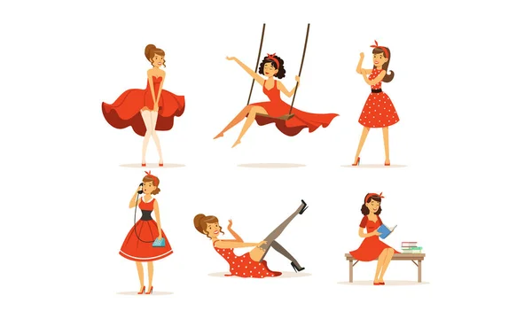 Красиві молоді жінки одягнені ретро стиль червоні сукні колекція Векторні ілюстрації — стоковий вектор