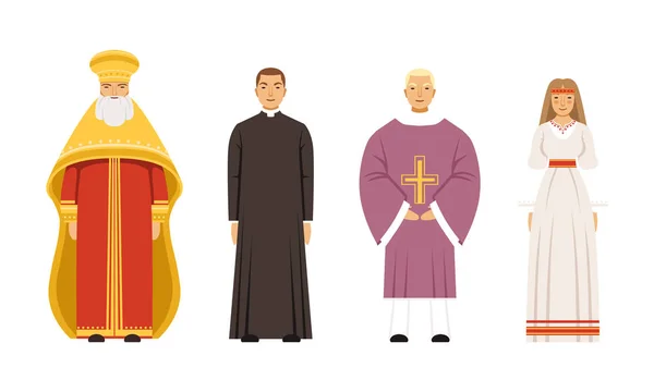 传统服饰系列中的宗教人物、东正教大主教、天主教牧师或牧师、牧师、斯拉夫人或异教徒妇女 — 图库矢量图片
