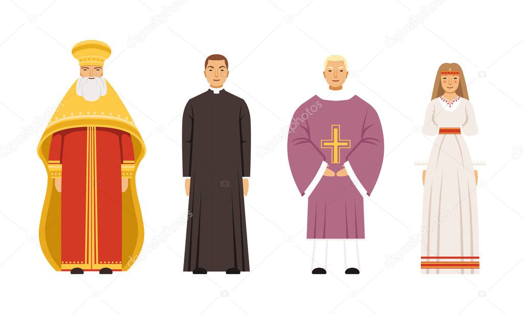 Religion People Characters in Traditional Clothes Collection, Orthodox Metropolitan, Catholic Priest or Pastor, Vicar, Slavic or Pagan Woman Vector Illustration