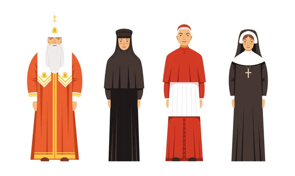 Personaggi di Religione nella Collezione di Abbigliamento Tradizionale, Patriarca Ortodosso, Cardinale Cattolico e Monache Vettoriale Illustrazione — Vettoriale Stock