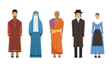 Geleneksel Giysi Koleksiyonundaki Din İnsanları Karakterleri, Katolik Rahip ve Rahip, Mormon, Mennonit veya Amich Kadın, Shinto Rahip Vektör İllüstrasyonu