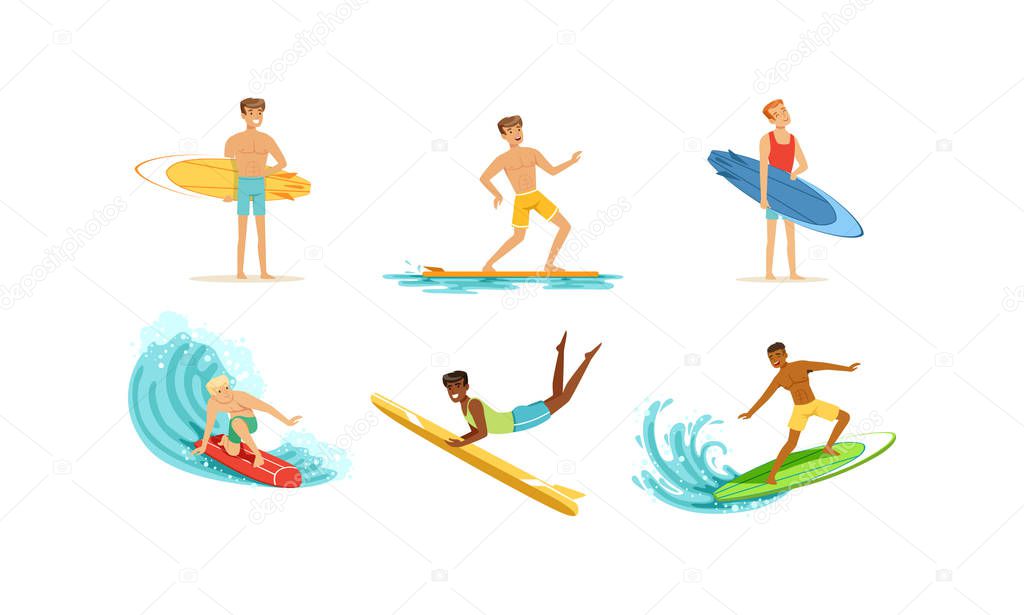 Surfing Young Men Collection, Male Surfers with Surfboards Riding Waves Vector Illustration