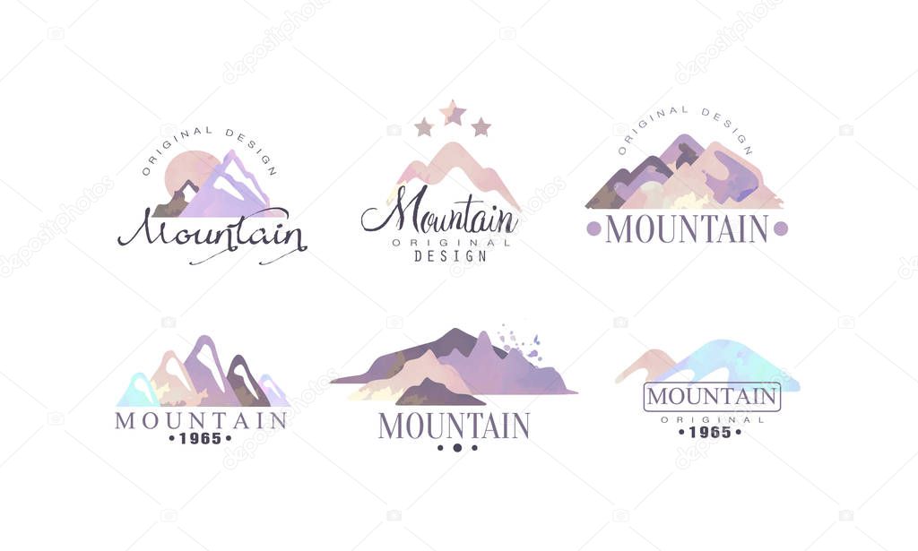 Mountain Original Logo Design Templates Collection, Outdoor Adventures Retro Watercolor Labels Vector Illustration on White Background.