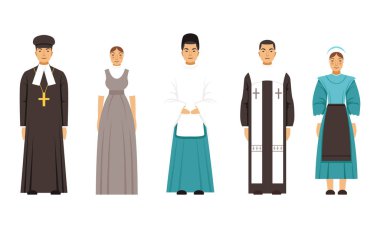 Geleneksel Giysi Koleksiyonundaki Din İnsanları Karakterleri, Mormon, Şinto Rahibi, Mennonit veya Amich, Katolik Rahip Vektör İllüzyonu
