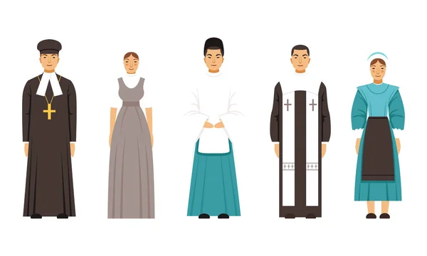 Vallás Emberek Karakterek Hagyományos Ruhák Gyűjteménye, Mormon, Shinto pap, mennonita vagy Amich, katolikus pap vektor illusztráció — Stock Vector