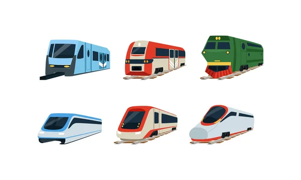 Colección de locomotoras de tren, vagones ferroviarios modernos y retro, evolución del concepto de trenes Ilustración vectorial — Archivo Imágenes Vectoriales