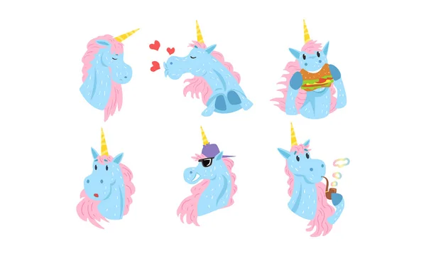 Collection de personnages de dessins animés mignons licornes, animaux mythiques drôles dans différentes situations Illustration vectorielle — Image vectorielle