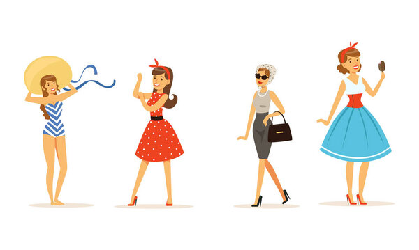 Коллекция красивых молодых женщин одеты в стиле ретро Стильная одежда, красивые девушки в разных ситуациях векторная иллюстрация
