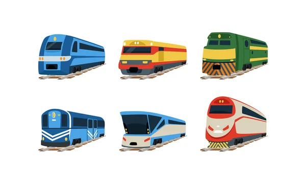 Colección de locomotoras de tren, vagones ferroviarios, evolución del concepto de trenes ilustración vectorial — Archivo Imágenes Vectoriales