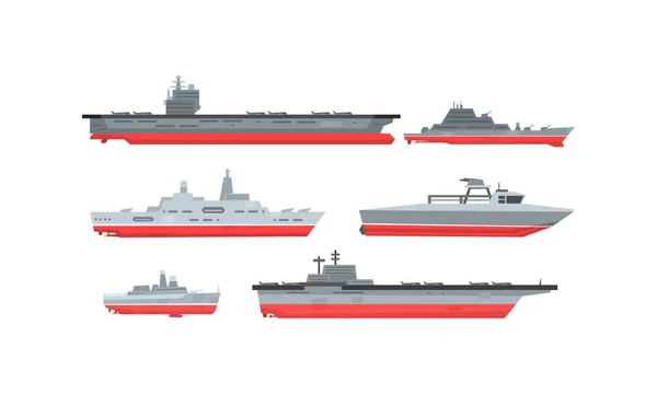 Sammlung von Kriegsschiffen, Militärboot, Fregatte, Schlachtschiff-Vektorillustration — Stockvektor